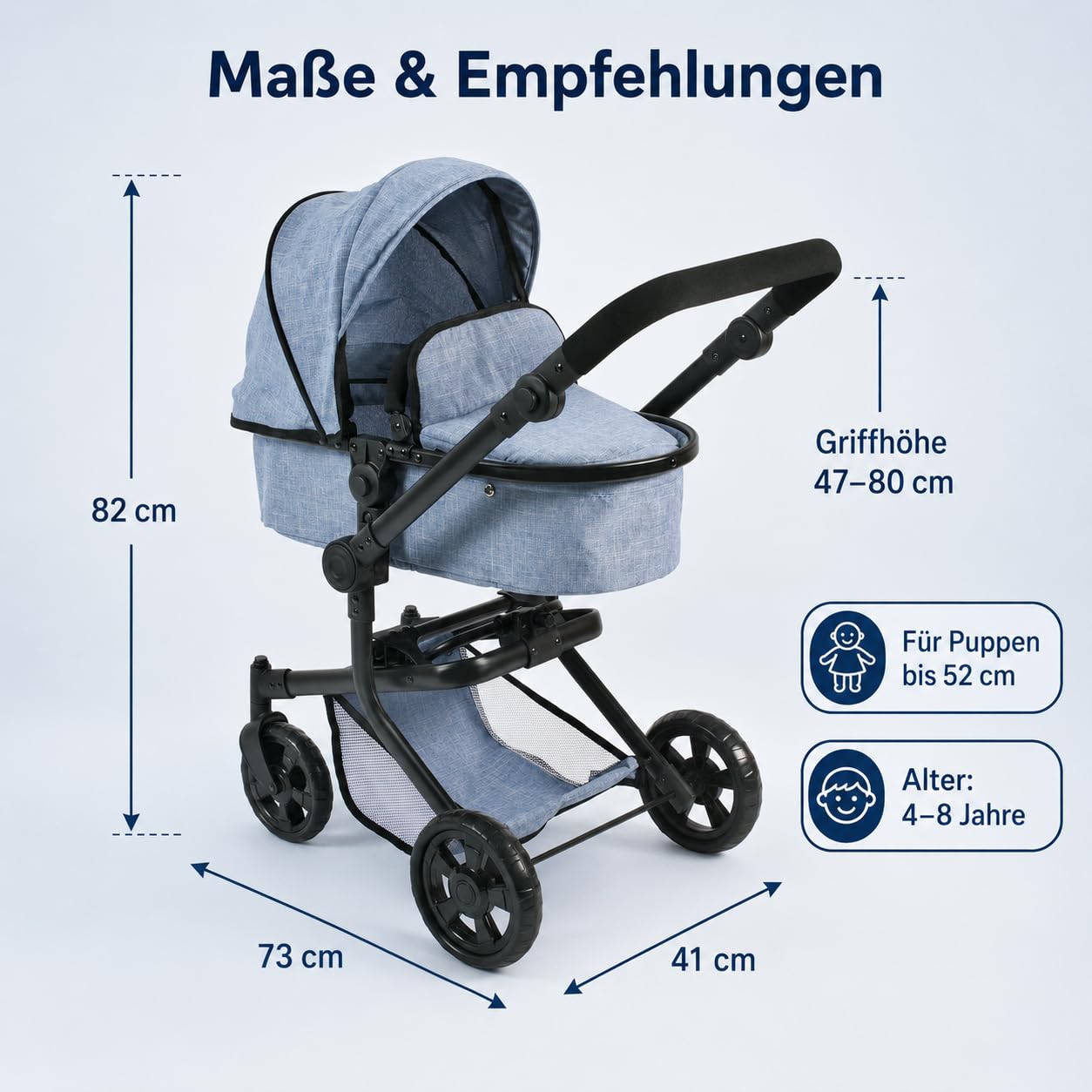 Bayer Chic 2000 - Cochecito de muñecas Mika, 2 en 1, para niños de 4 a 8 años, azul vaquero, 73 x 41 x 82 cm