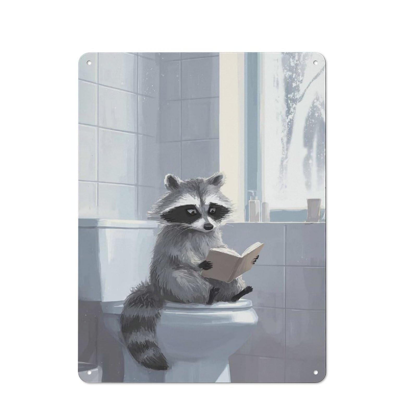Junmoney Style-10 Creative Raccoon Reading On Toilet Office Metal Sign 40X30cm, Study Room Decor For Workspace, Cafe, Shop Or Desk Area