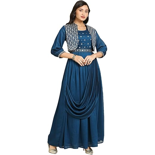madhuram Women's Long Gown for Solid Silk with Heavy Embroidery and Hand Work Belt and Jacket with Round Neck Gown(M-2424)
