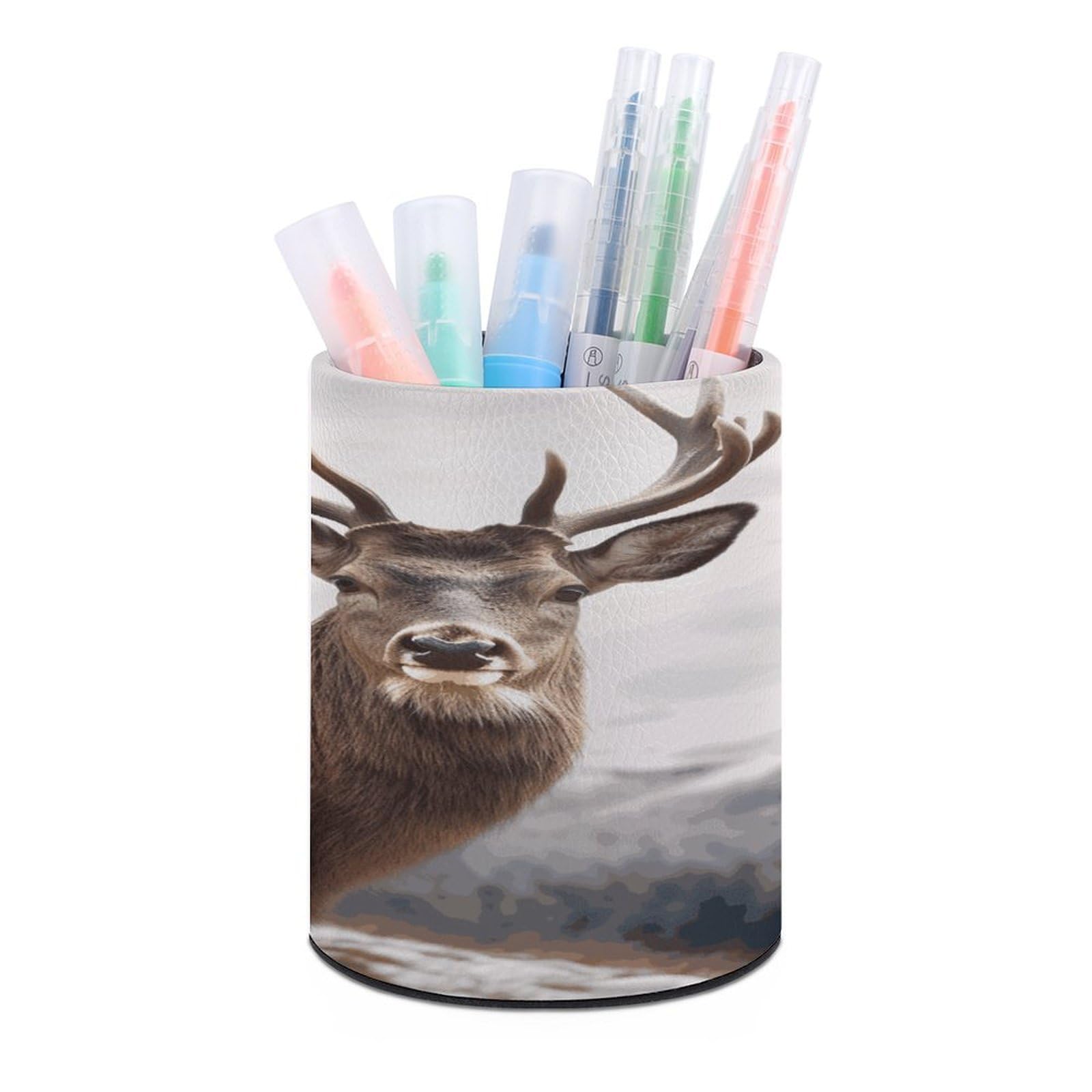 VstaDank Wildlife Deer Pen Holder Round Pencil Holder Cup Pen Container PU Leather Desk Organizer Stand Decorative Brush Scissor Holder Decoration Office Desk Home (3.1 x 3.9 inch)