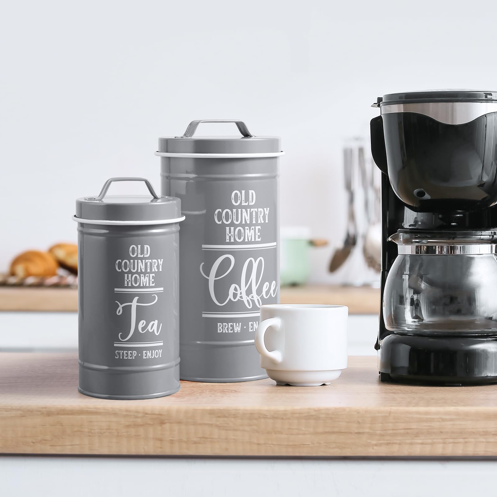 DAYYET Graue Dosen-Sets für die Küche, luftdichte Küchenbehälter für Arbeitsplatte, Mehl- und Zuckerbehälter, Tee-, Kaffee-, Zuckerdosen-Set, graue Küchendekoration und Zubehör, 4er-Set