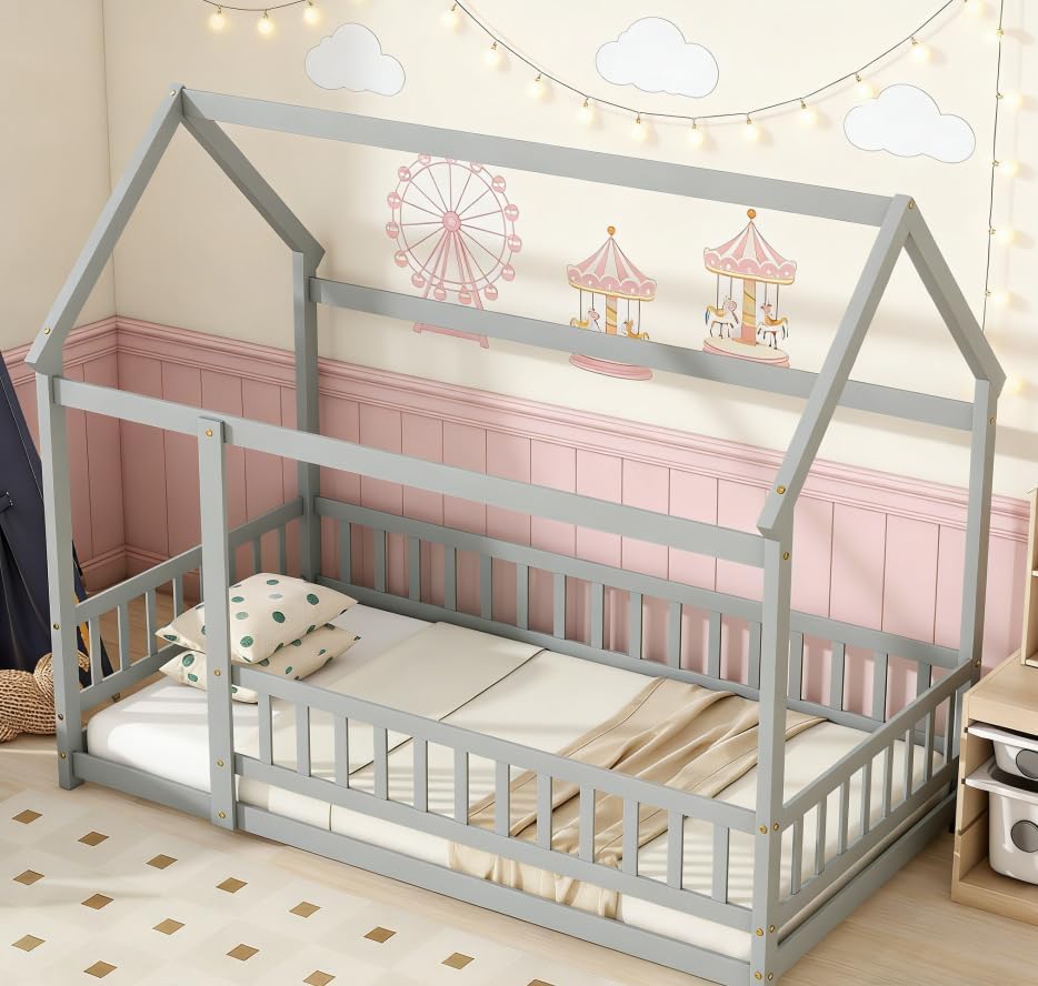 Miniatura 4 de Bellemave Cama Montessori de madera para niños, cama Montessori de madera con rieles, camas Montessori con techo sin listones, gris