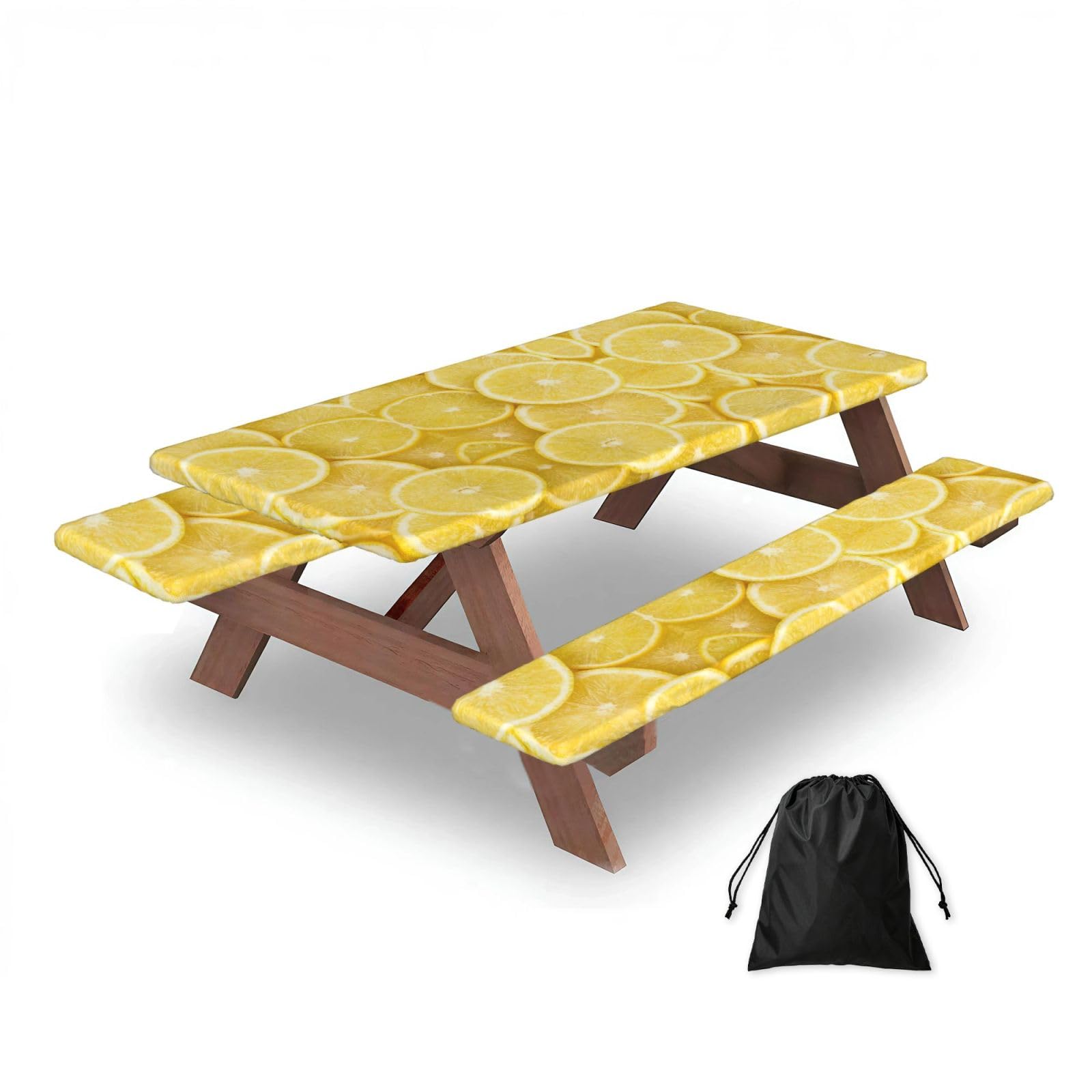 Housse de table de pique-nique jaune avec 2 couvre-bancs ajustés