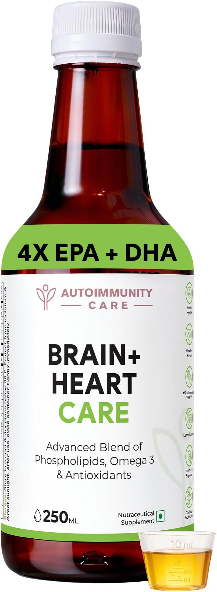 Autoimmunity Care Brain + Heart Care – Vegan Omega 3 EPA DHA with Algal Oil, Phospholipids, MCT and Flaxseed Oil | Brain, Heart, Eye & Joint Health Supplement | High EPA DHA | Astaxanthin & CoQ10 | 250ml (25 Servings)