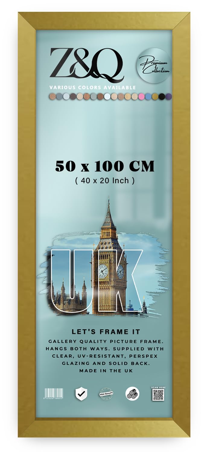 Z&Q Wall Mounted Poster Picture Frame Gold 100 x 50 cm Display Painting Photo Print With HD Clear Perspex Both Ways Hanging Hooks MDF Wood 30x15mm Moulding