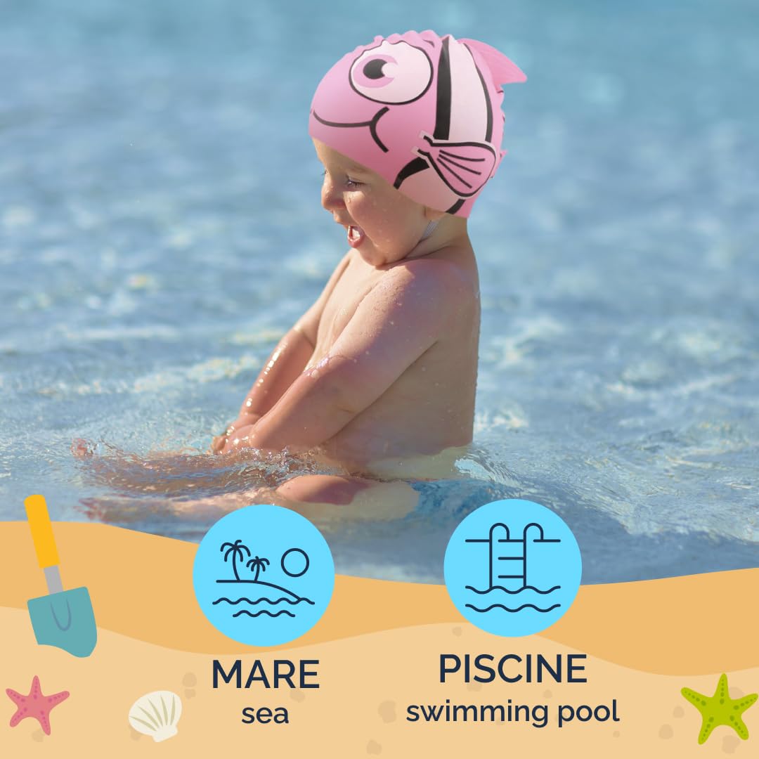 kina - Cuffia da Nuoto Bambini per Piscina, in Silicone, Ipoallergenica, Elastica e Soffice al tatto per Capelli corti e lunghi