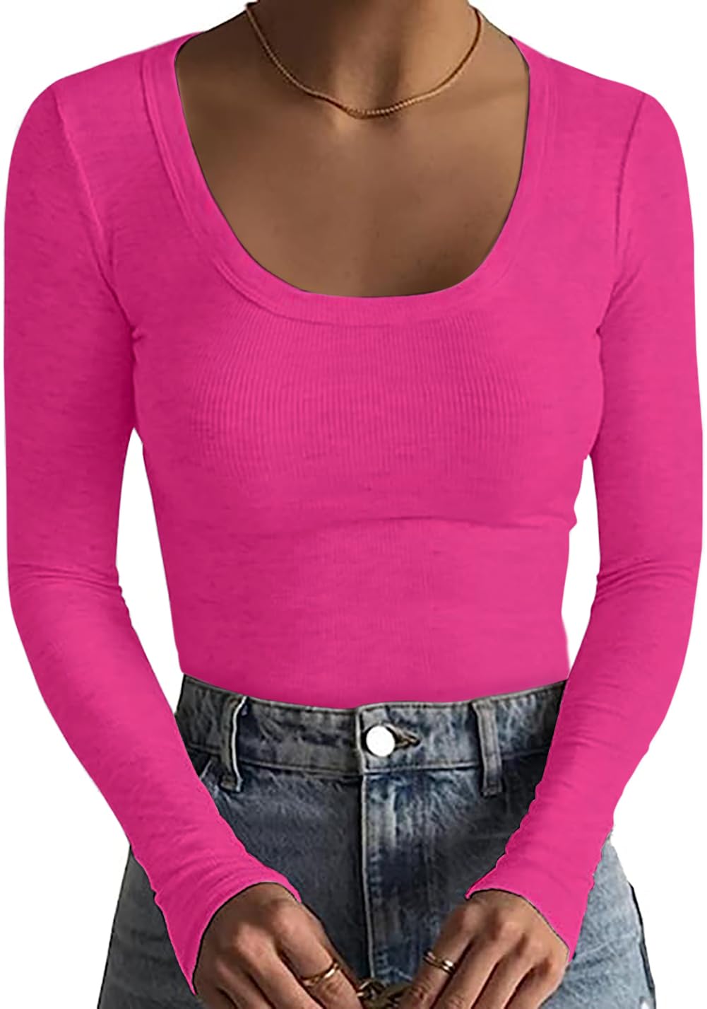 Basicspace Damen Gerippte Tops Schlank Hautfreundlich Basic T Shirt Einfarbig Tops Sexy Dehnbar Lässig Tief U Hals T Shirt Modisch Vielseitig Langarm Shirt