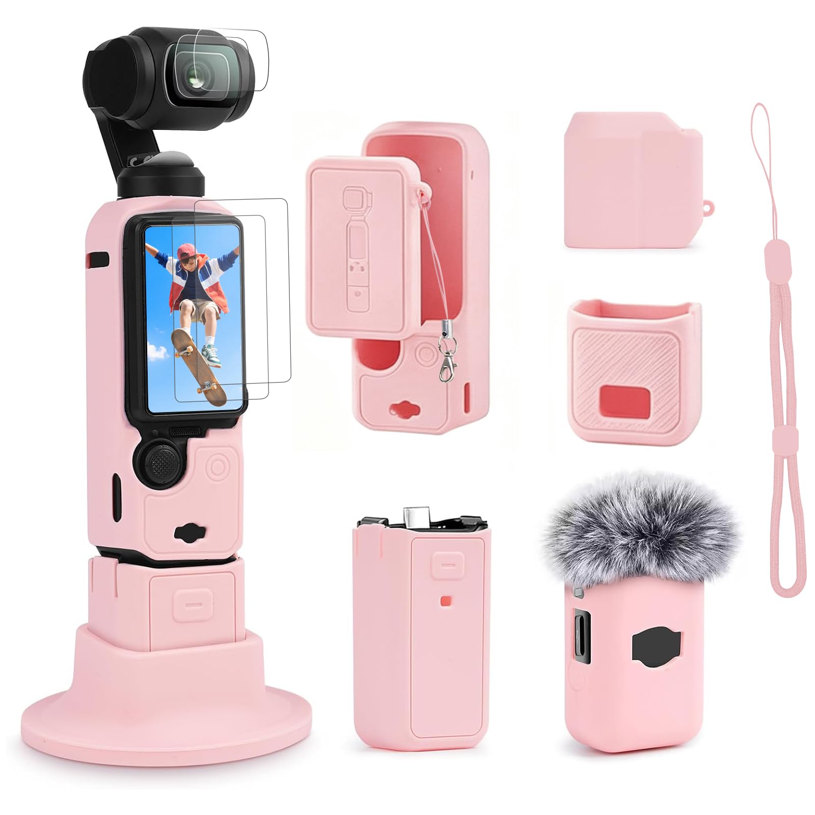 Aircawin Case for DJI Osmo Pocket 3/Xtra Muse with Screen Protector-Pink | 7-Piece Silico…