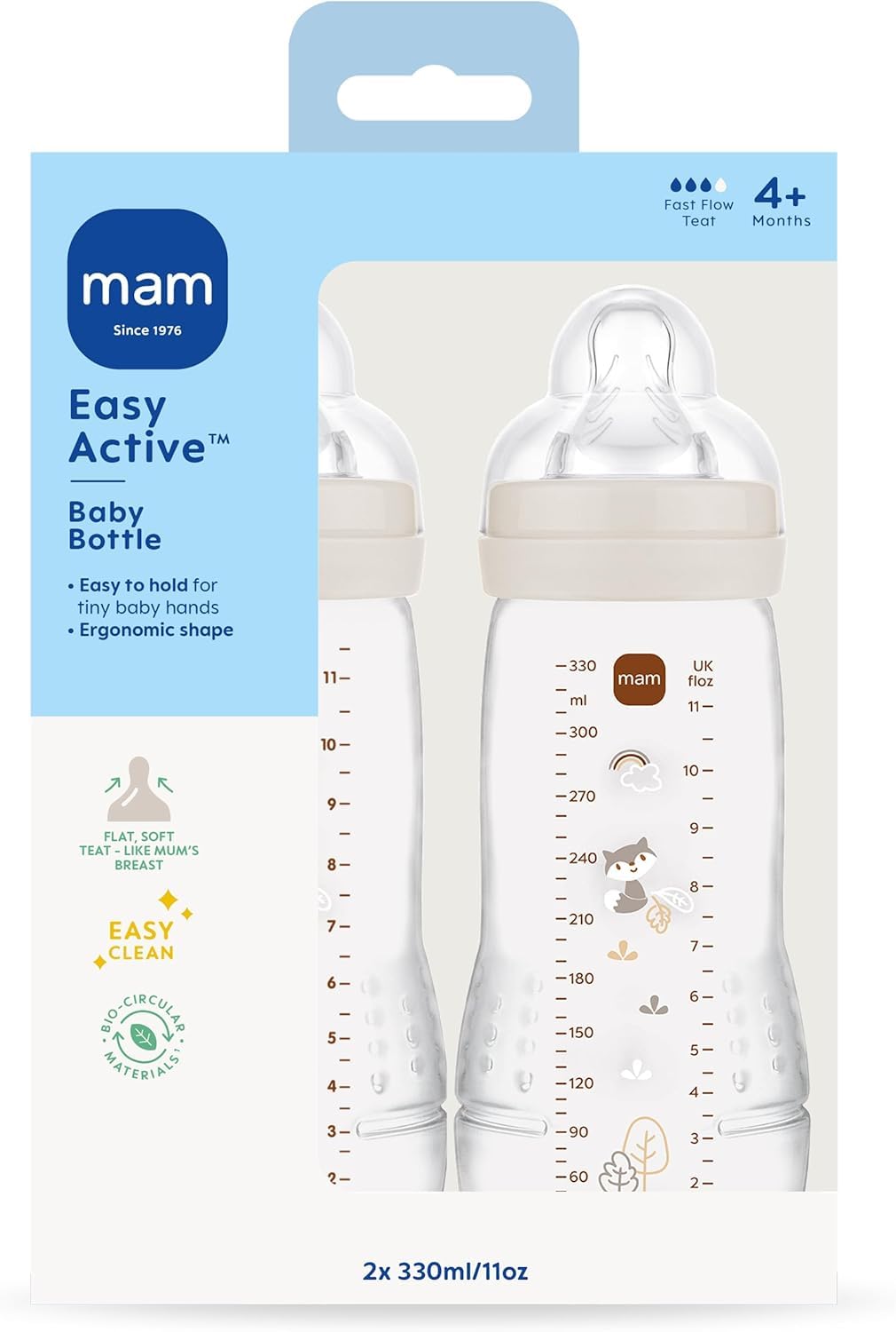 MAM Easy Active Bottles | 2 Pack (2 x 330ml) | Fast Flow MAM Teats Size 3 | Baby Accessories | Linen (Various Designs) — view 2