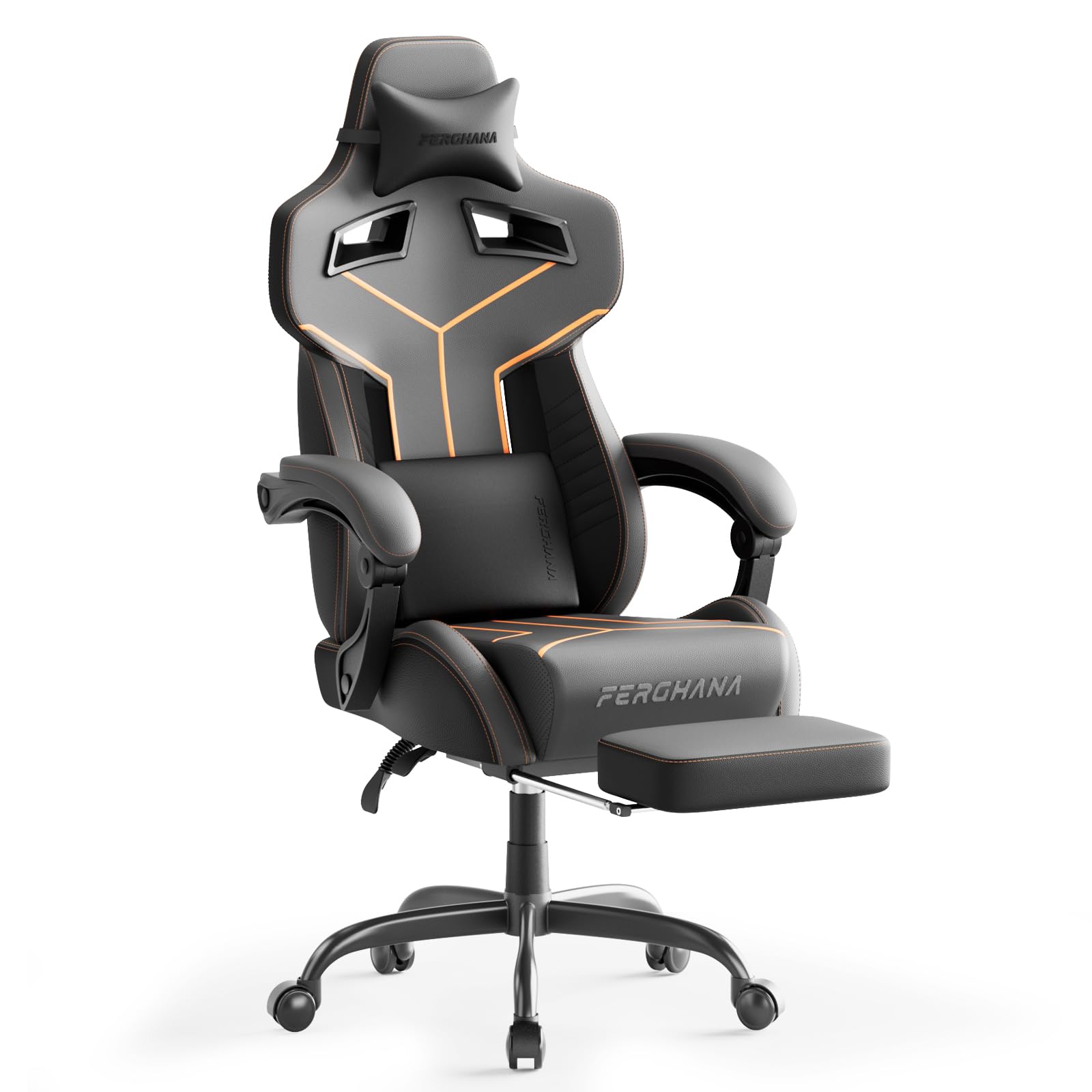 Ferghana Sedia da Gaming Ergonomica,Racing Silla Gamer con Respaldo Regulable,Reposacabezas,Cojín Lumbar,Reposapiés,Regulable en Altura,Silla de Oficina,Silla Gaming para Adulto Niño,Gris F08