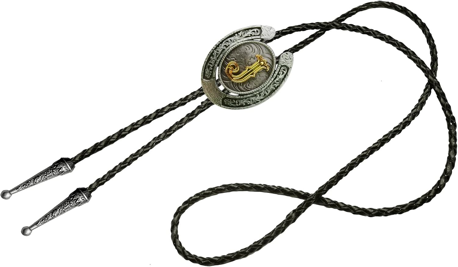 Moranse Bolo Tie Golden Initial Letter A to Z In Western Cowboy Horseshoe Style with Cowhide Rope Necktie - Image 2