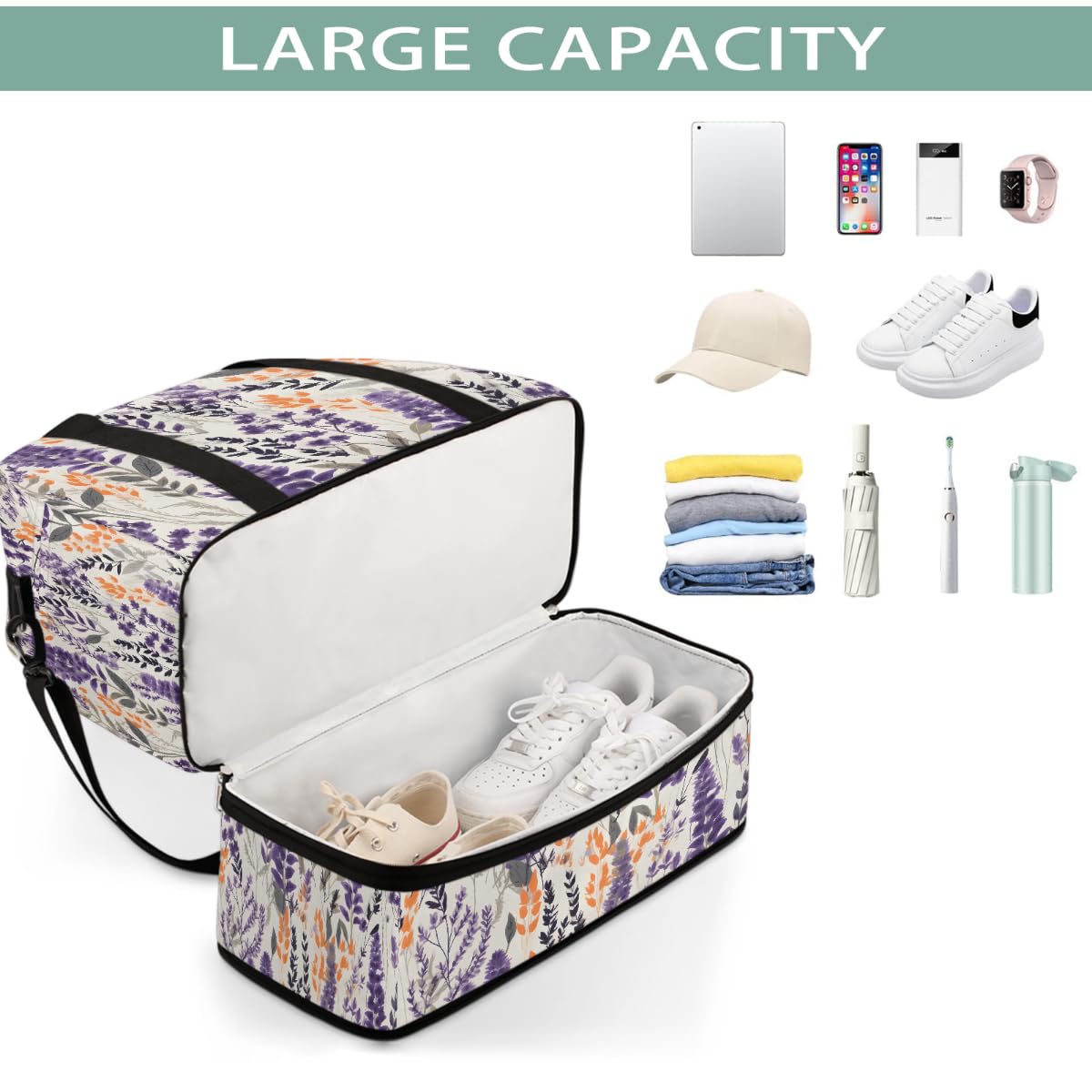 Borsone da viaggio pieghevole con motivo floreale di lavanda acquerello, borsa da palestra espandibile con scomparto per scarpe, borsa da weekend di grande capacità, borsa da portare con sé, per