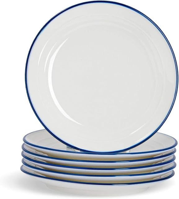 Nicola Spring 6 Piece 16cm Country Farmhouse White Side Plates Set with Blue Rims
