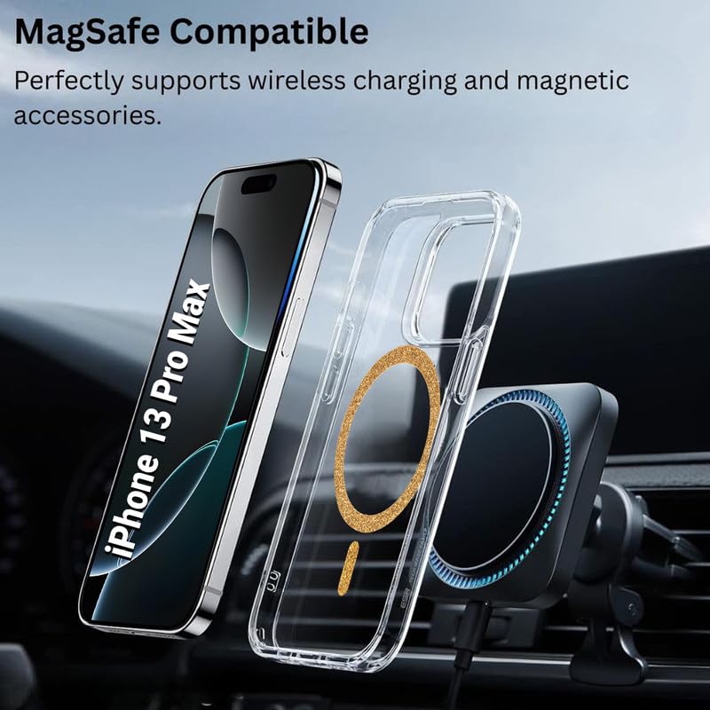 Image of AIBEX Back Cover Case Compatible with iPhone 13 Pro Max | Glitter Ring Cute Shiny Colorful Bling Case (Compatible with Magsafe) | Transparent PC+TPU Glossy Shiny Cover for Girls & Women - Gold