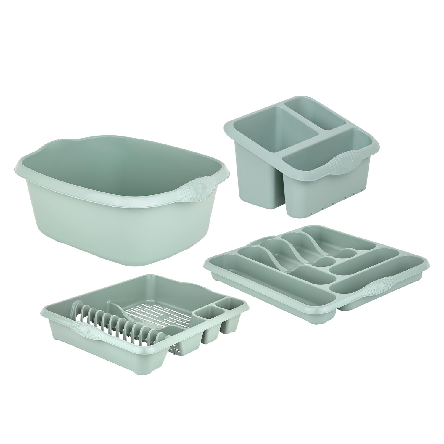 M1ss Silver Sage - 4 Piece Casa Plastic Kitchen Set (38Cm Rectangular Bowl, Large Cutlery Tray, Large Dish Drainer & Sink Tidy) Perfect For Kitchen Organisation Home And Restaurants