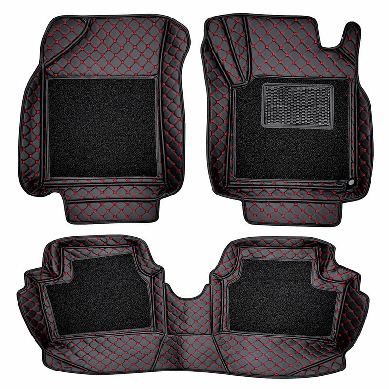 Image of SINEX Premium 7D car mat Full Set for Tata Tigor (Model : 2016-2025) || Luxury Leather Double Car Floor Mat Complete Set || 100% Waterproof and Washable Color : Black-Red (Design-1)