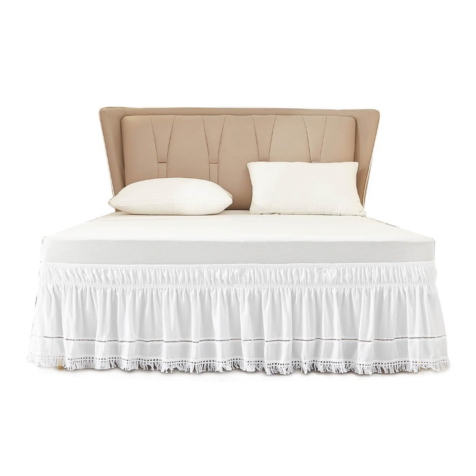 Bed Skirt Elastic White Fringed Bed Skirt Ruffled Stretchable Bedspread Dust-proof Romantic Cover Hotel(39Inx75In)