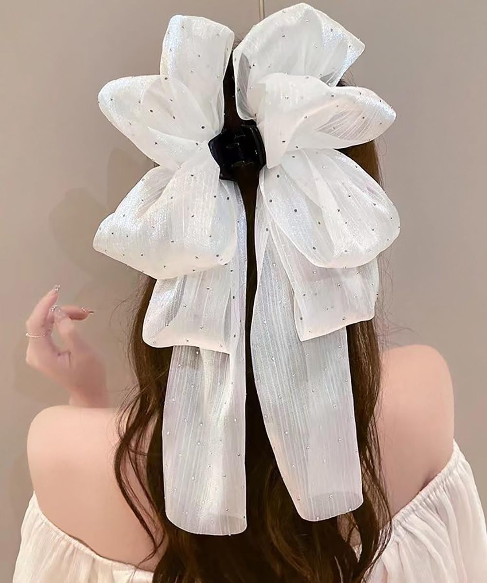 2 PCS Chiffon Silk Hair Clip with Rhinestone, Large Hair Jaw Clips, Fabric Floral Bows Hair Accessories for Women Girls - Image 5