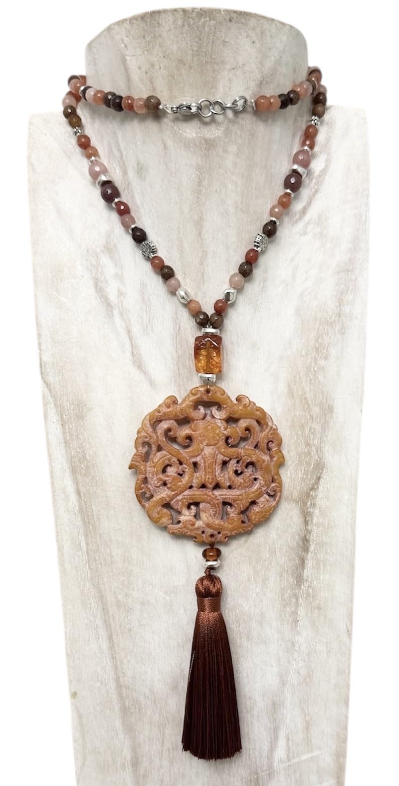Anhur Collar Jade Naranja Marrón con Ágatas Piedras Naturales en Camel Teja Marrón Naranja Colgante Jade Mujer largo Boho Chic