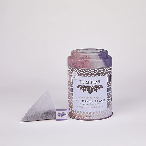 JusTea Mt. Kenya Black Bolsas de té compostables piramidales Té negro Más de 12 tazas Alta cafeína Ganadoras de premios Comercio justo Sin OMG
