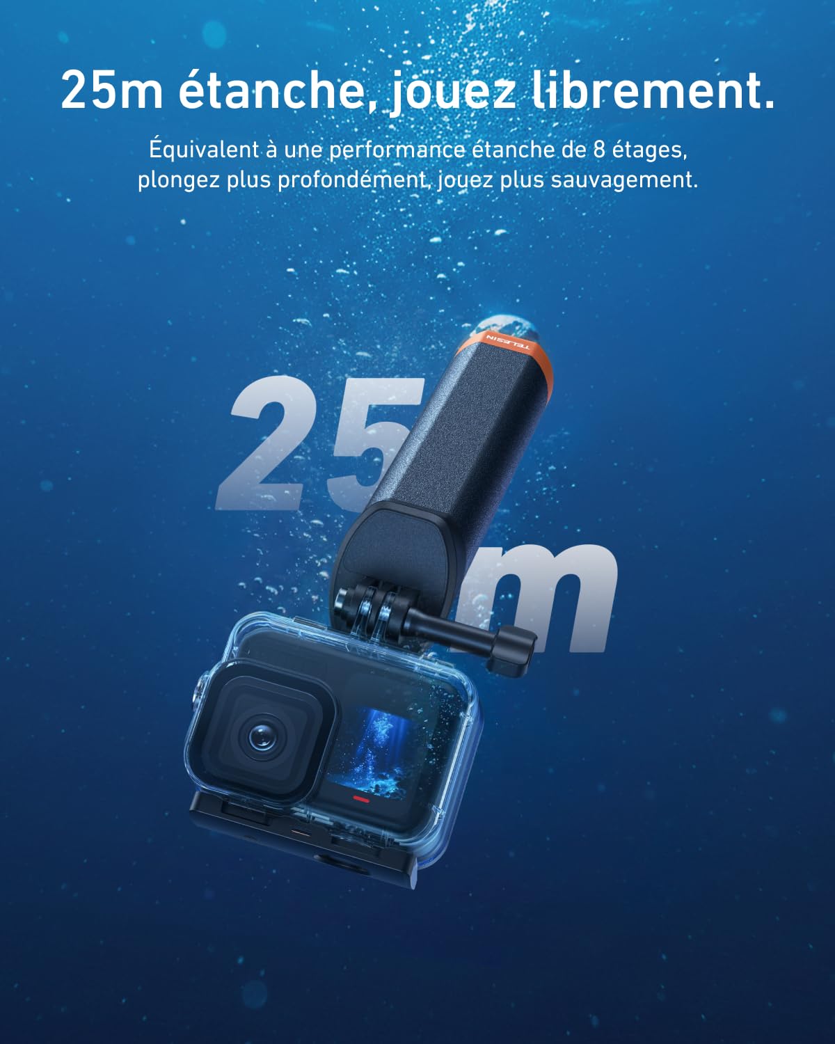 TELESIN Poignée Flottante 2.0 pour DJI Osmo Action 5 Pro/4/3, Bâton Selfie Étanche sous l’Eau, Compatible avec GoPro Hero 13 et Insta360 Caméras Action