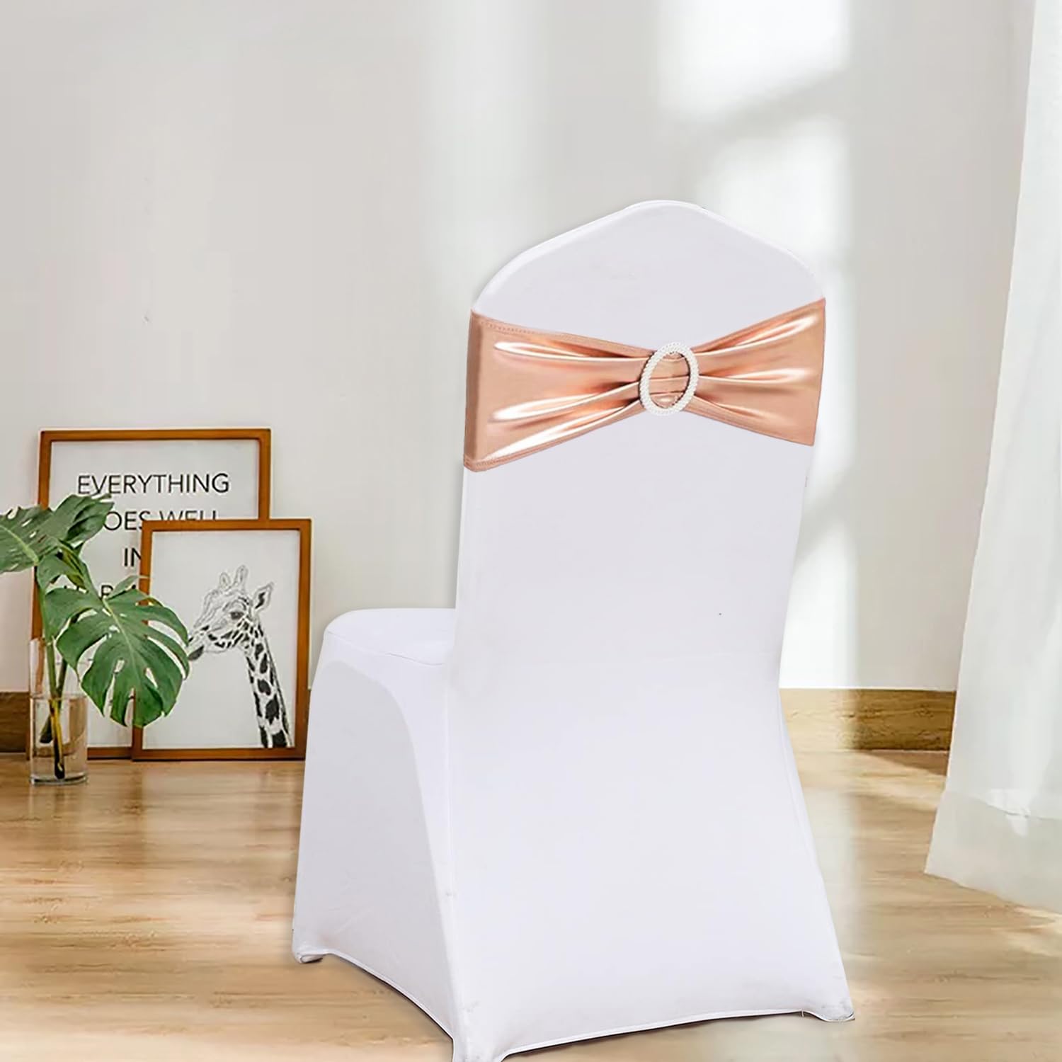 Zestaw 50 sztuk szarf na krzesło w kolorze różowego złota – opaski na krzesła z klamrą na wesela, wieczór panieński, baby shower, przyjęcia urodzinowe i dekoracje bankietowe