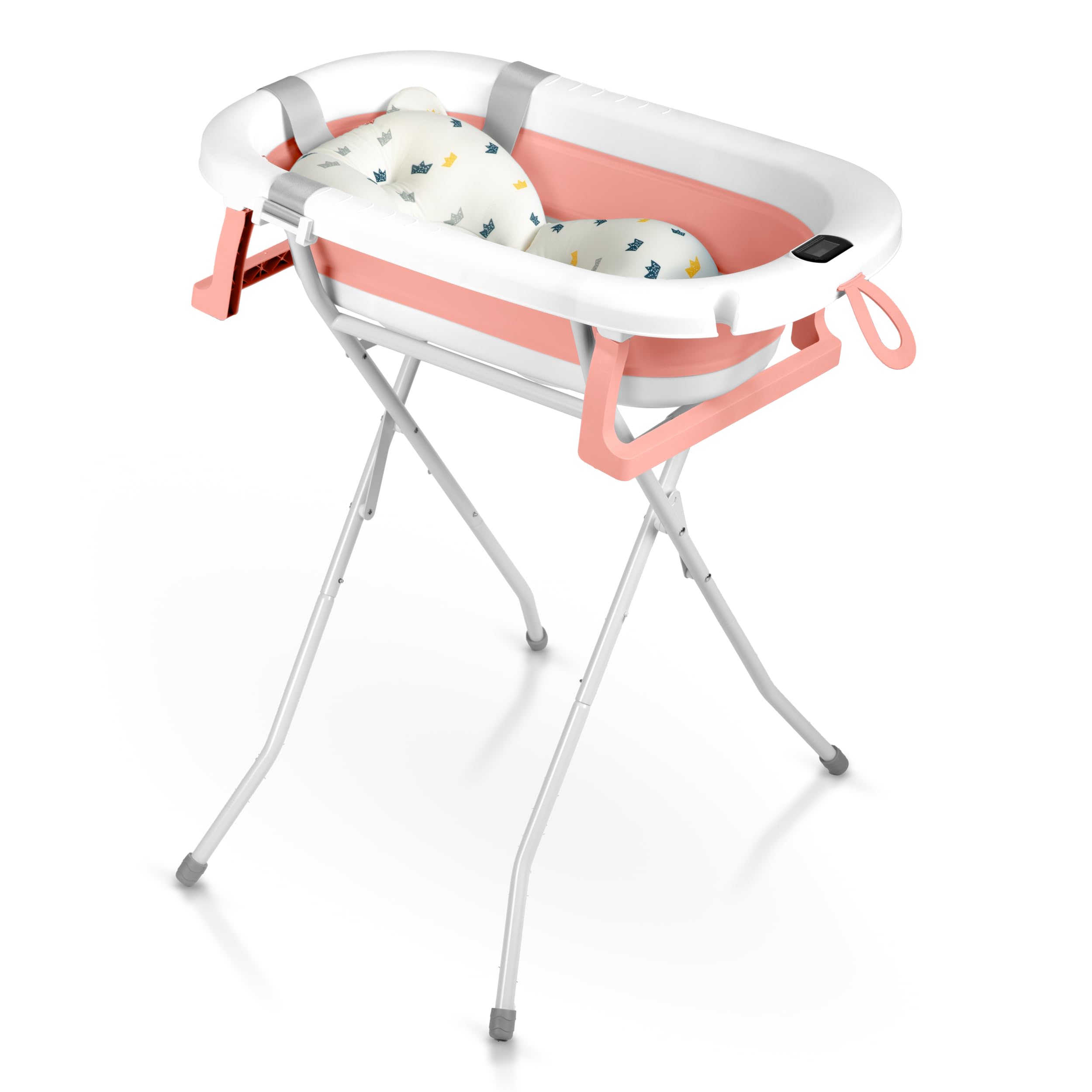 Ricokids Baignoire pour bébé avec support, thermomètre et coussin de bain, pliable, légère et antidérapante, blanc/rose
