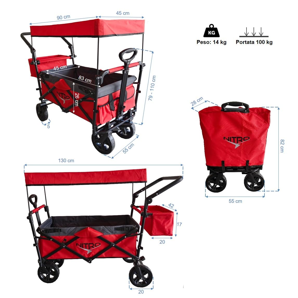NITRO Carrello a Mano Pieghevole Passeggino Bambini e Spesa Rosso