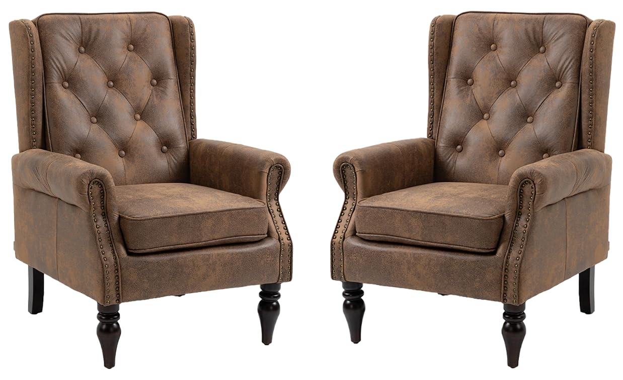 Mid-Century High Wingback Chair Set of 2,Microsuede Accent Chair Armchair with Buttons,Modern Living Room Chairs with Rivet Decoration,Leisure Single