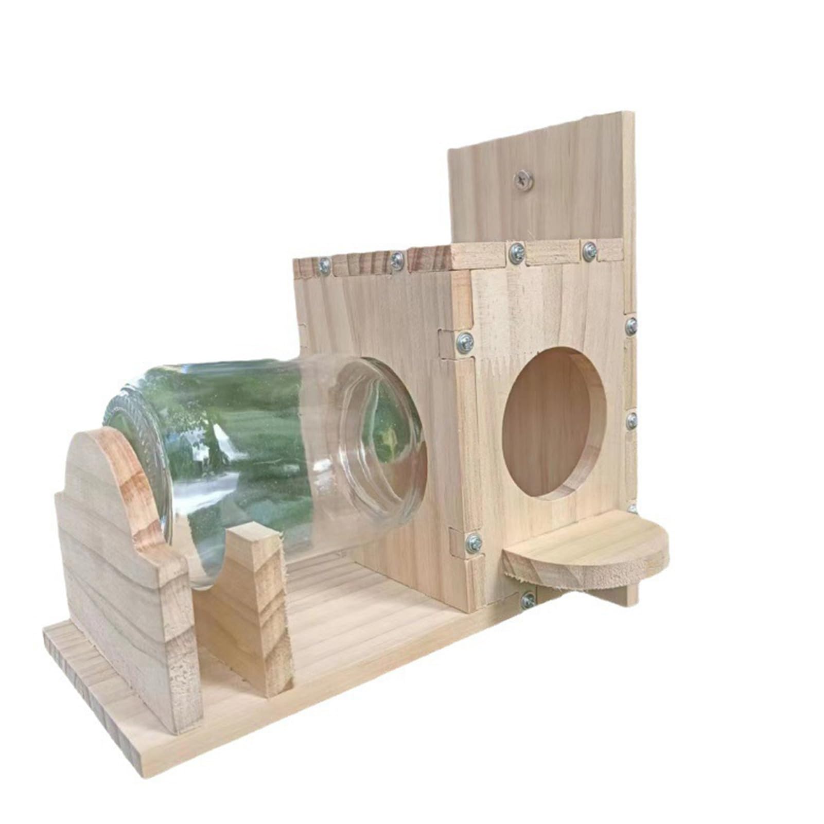 Comedero de madera para ardillas con capacidad de 500 ml, vidrio transparente, fácil de limpiar, resistente, resistente a la intemperie, para jardín al aire libre, alimentación de ardillas