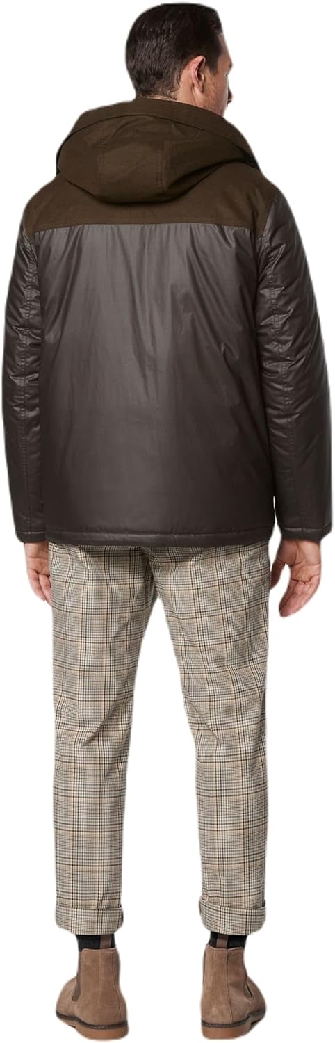Andrew Marc Men's Short Fabric Blocked Parka With a Sherpa Lined Hood Harrigan Hooded Cuff Tab With Adjustable Snap