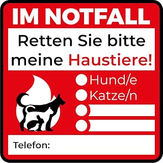 Aufkleber Hinweis Feuerwehr „Im Notfall – Retten Sie bitte meine Haustiere“ Folie individuell beschriftbar | 5-30 cm Made in Germany, Größe: 20 x 20 cm