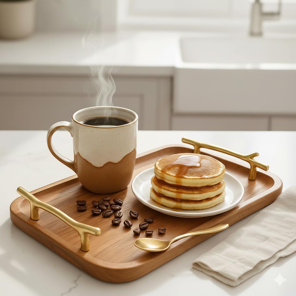 Decorative Acacia Wooden Tray for Serving - Dining Table Accessories & Kitchen Organizer Serving Trays - Luxury Wooden Tray| 15×10 inch Gold Twig Handles for Home Decoration-image-41