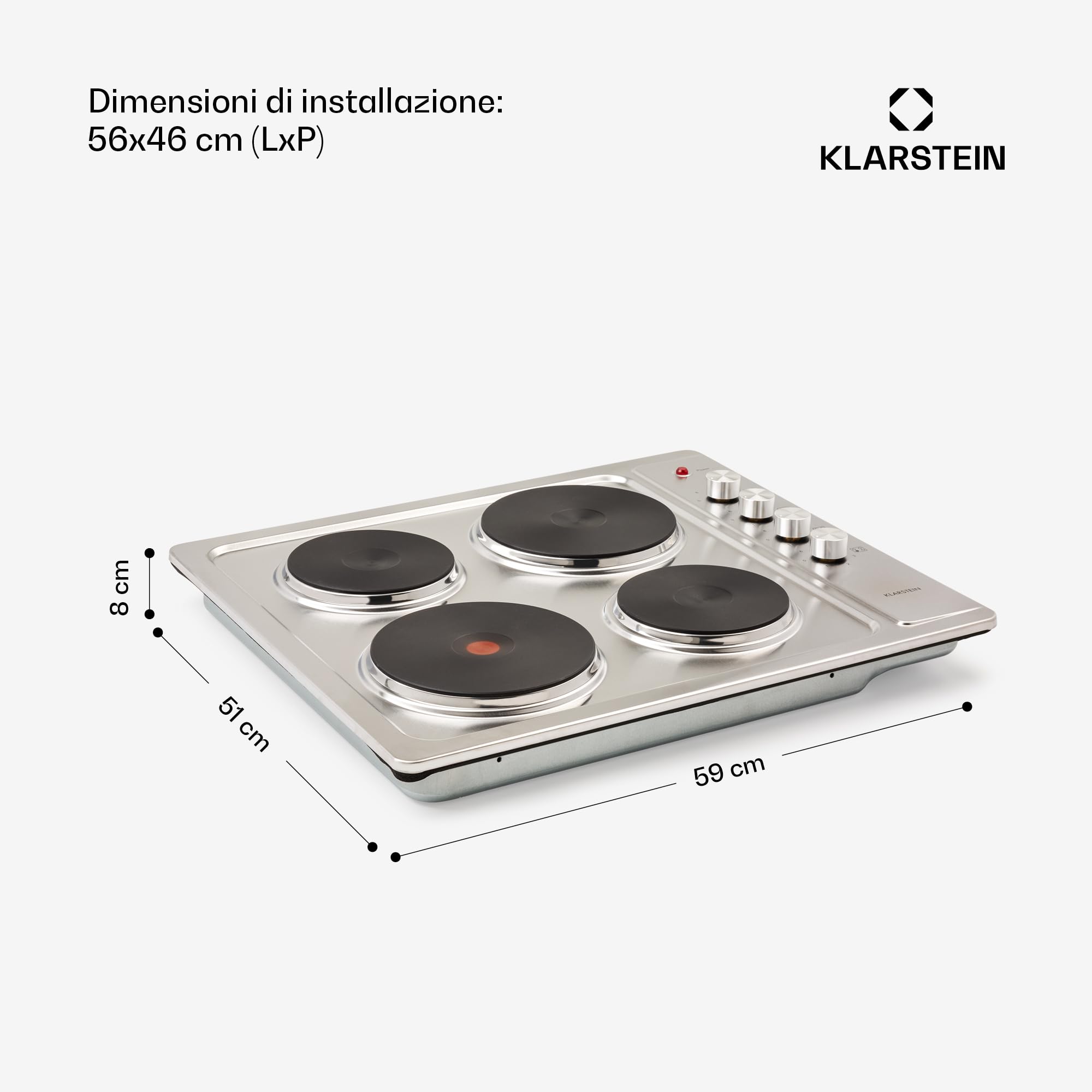 KLARSTEIN Appetito 4 - Piano Cottura a Incasso, 4 Piastre/Zone, 5500 Watt, Indicazione Calore Residuo, Manopole, 6 Livelli di Potenza, Elettrico, Acciaio Inox, Argento