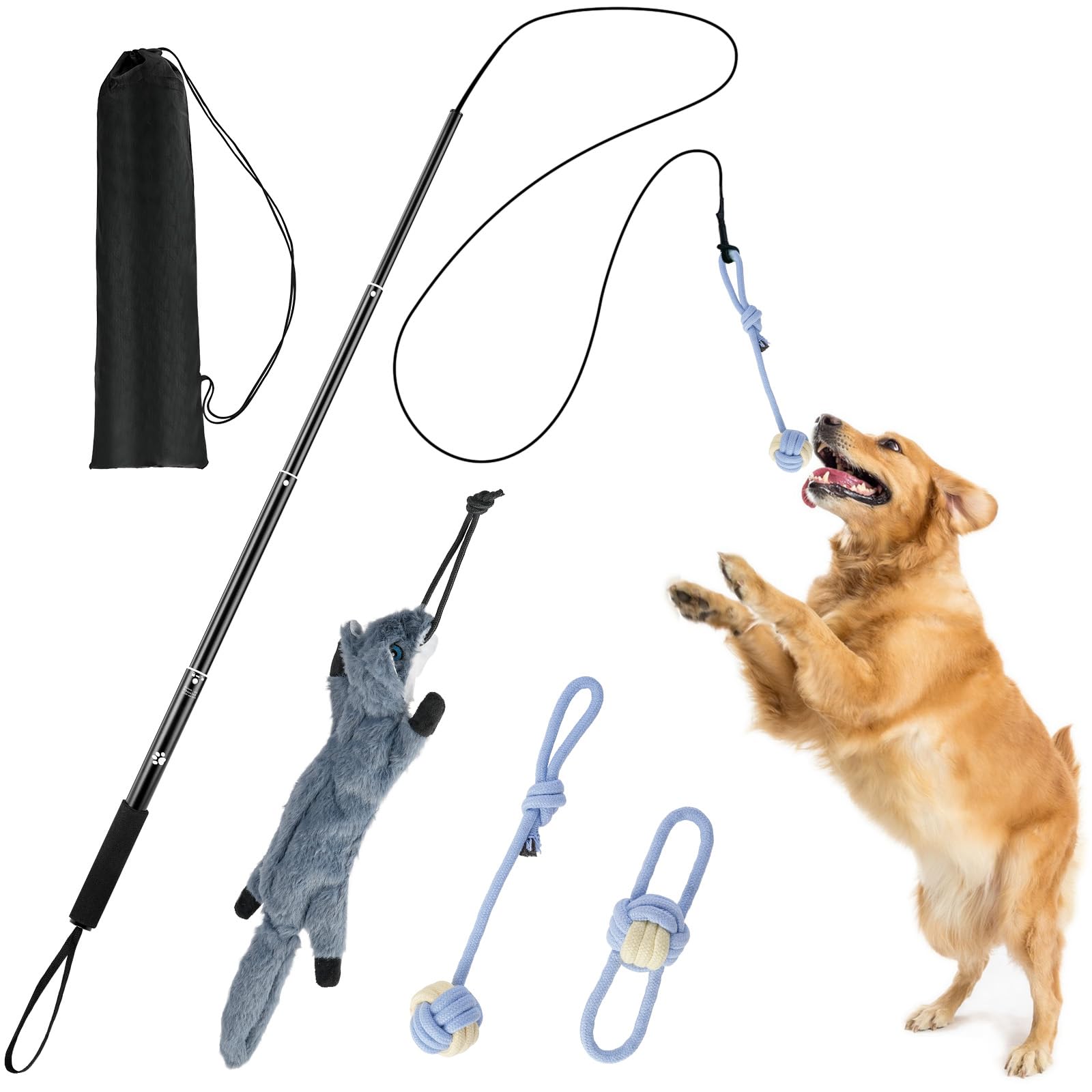 WOVTE Flirt Pole for Dogs, Extendable Dog Flirt Pole with Detachable Rope Toys Dog Teaser Wand with Lure Chewing Toy for Outdoor Exercise & Training Toys for Large Medium Small Dogs(blue) — image 1