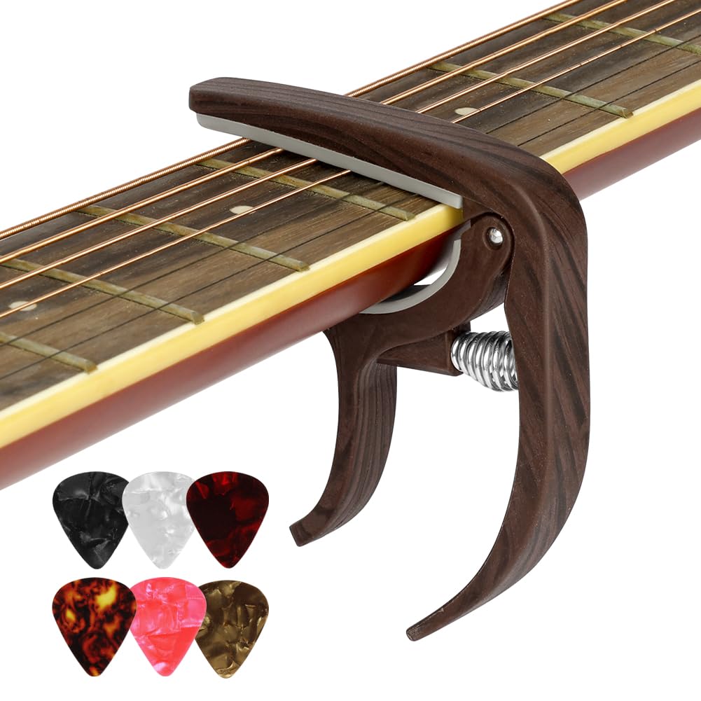 Aomig Kapodaster Gitarren Stimmgerät Gitarre Gitarrenzubehör Guitar Capo mit 6 Plektren Universal Clip-on Stimmgerät Akkurate Tuner für alle Instrumente Gitarre Ukulele Gitarrenzubehör Holzmaserung