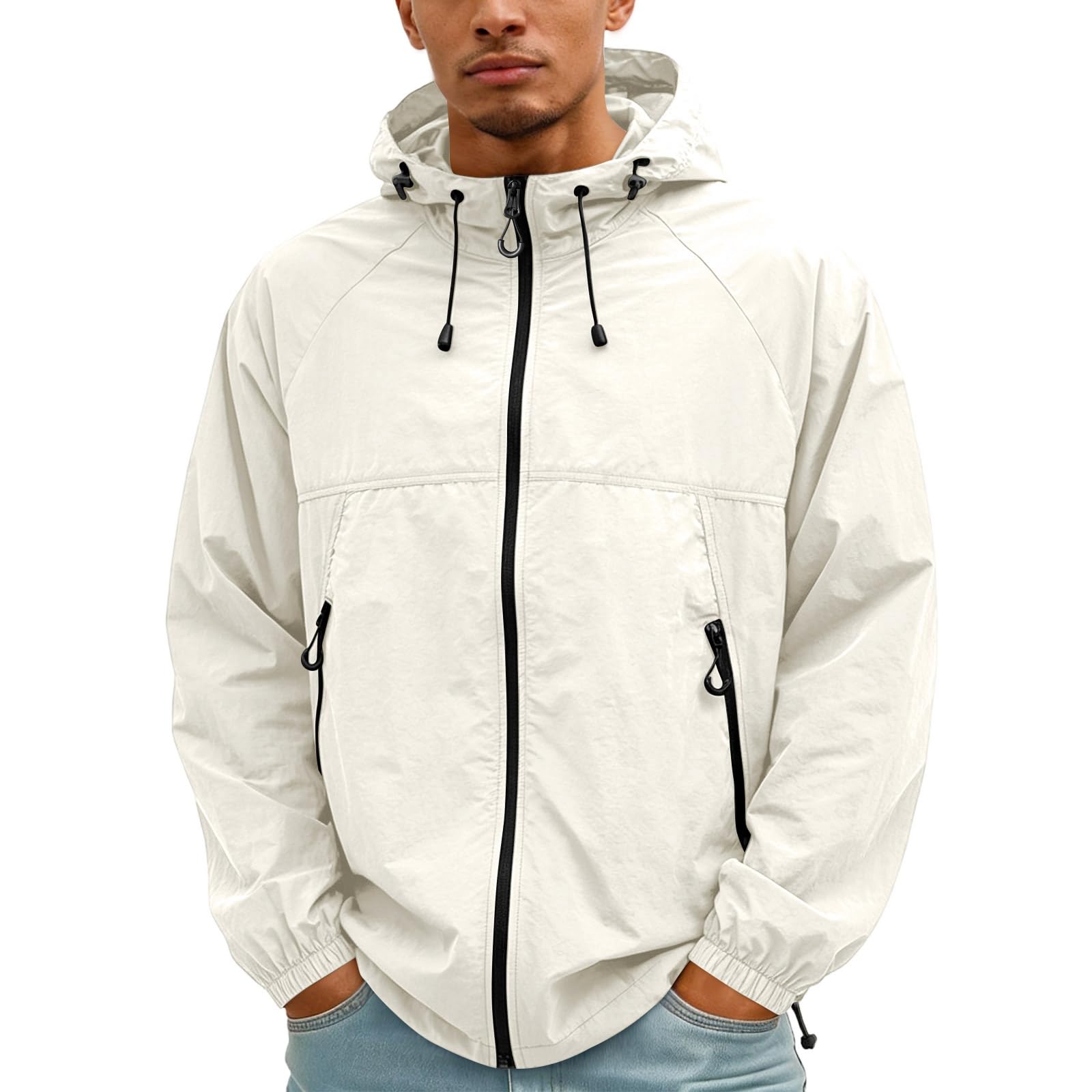 Mens Uv Protection Quick Dry Jacket Lightweight Drawstring Hooded Full Zip Outerwear Utility Pockets Elastic Hem Regular Fit Casual Plain Coat Hiking Spring Summer Beige Xxl