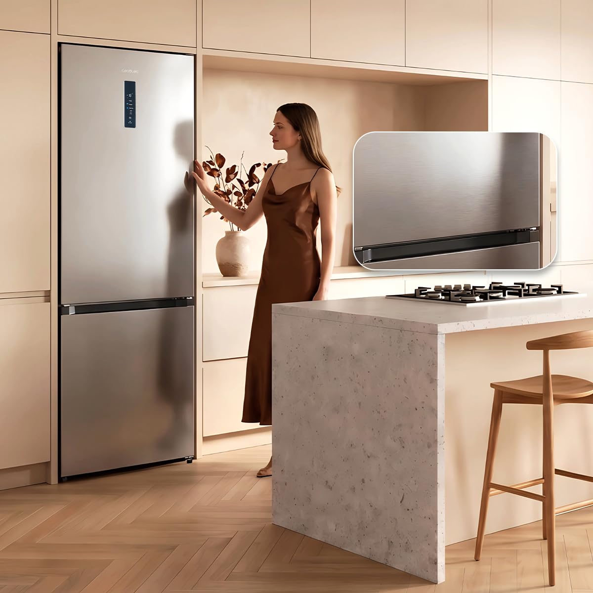 Cecotec Kühl-Gefrierkombination Bolero CoolMarket Combi 405 WL Elite Inox D. 405 L, 199,5x59,2 cm, Total No Frost, Inverter Plus, 37 dB, Fast Cooling & Freezing, LED-Display, Energieklasse D