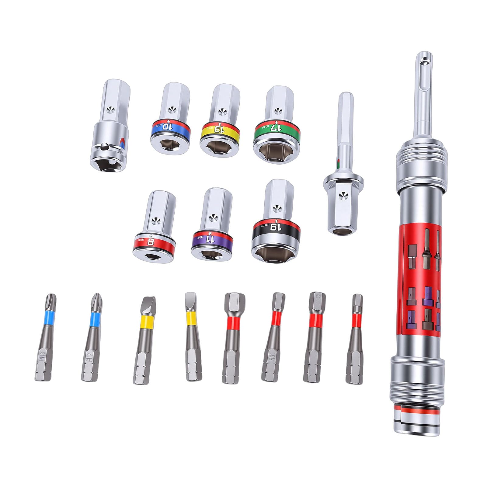Generic Zestaw Przedłużaczy do Końcówek Nasadowych Solidny Wkrętak Nasadowy ze Stali Stopowej do Montażu w Szafce, Wymienny System wierteł, 7 Nasadek 8 Mm–19 Mm, Odpowiedni dla Wykwalifikowanych