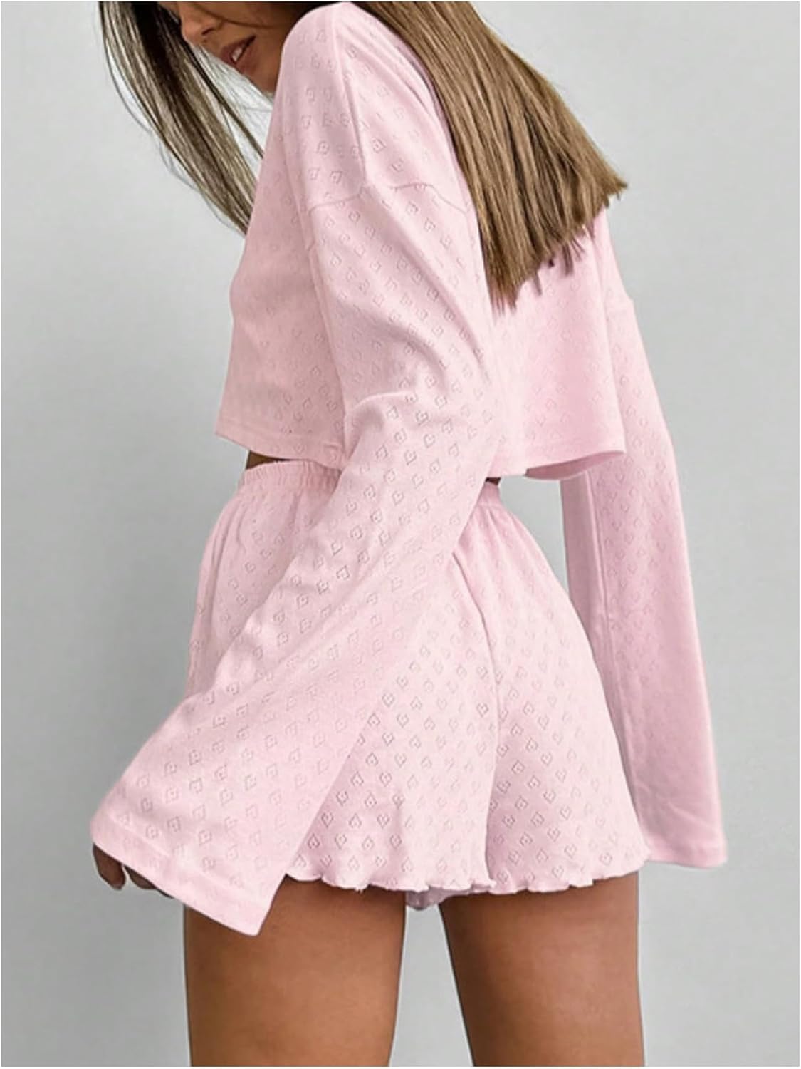 SHENHE Women's Pajama Set 2 Piece Long Sleeve Crop Top Soft Shorts Pjs Loungewear - Image 2