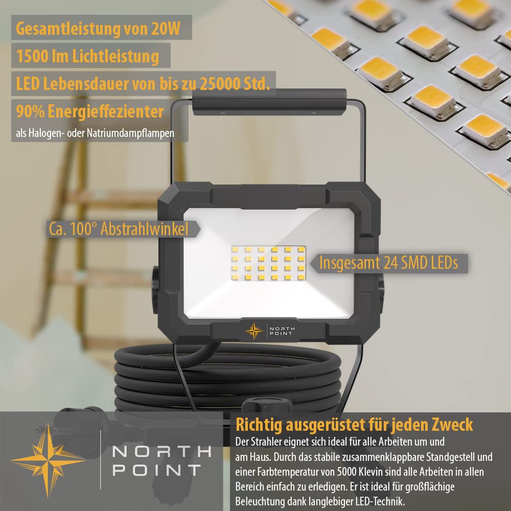 Northpoint LED Blackline Baustrahler Arbeitsstrahler Fluter Flutlicht Spitzwassergeschützt 20 W Leistung 1600 Lumen Lichtstrom integrierter Schalter und 3m Kabel