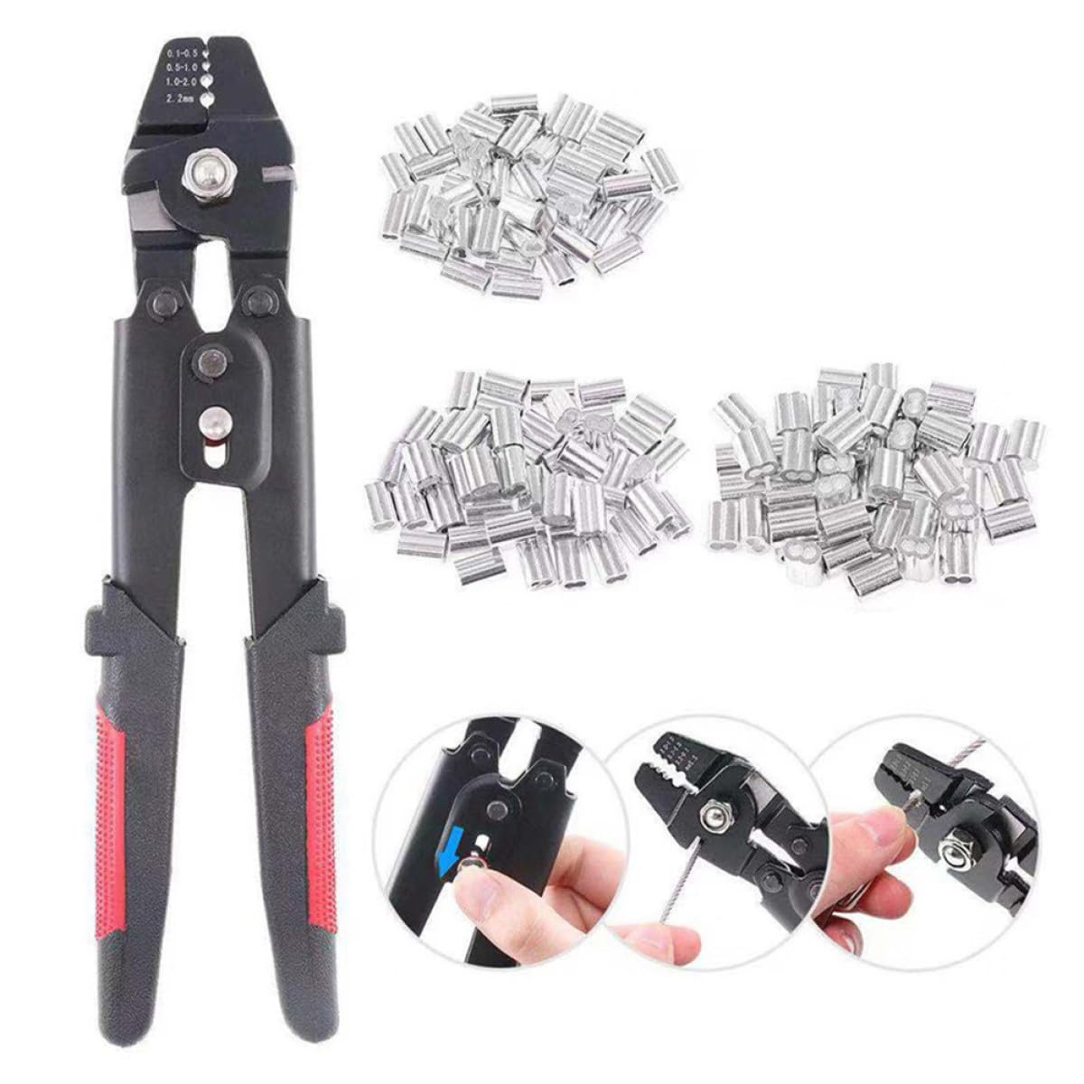 Pinza Crimpatrice con Meccanismo Autobloccante e Preciso Include 180 Manicotti in Alluminio in Acciaio al Carbonio per Corde per Attrezzi Pesca Professionali