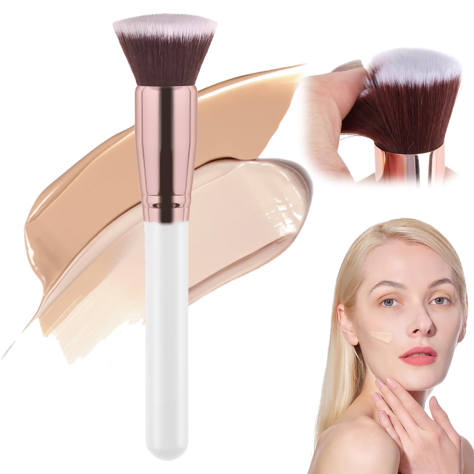 Brocha Base Maquillaje Fluido Kabuki Profesional,Makeup Brushes para Bases Cremosas, en Polvo o Líquidas,Fibras Sintéticas Suaves,No Irrita la Piel,para Contornear y Aplicar Polvos(Rosa)