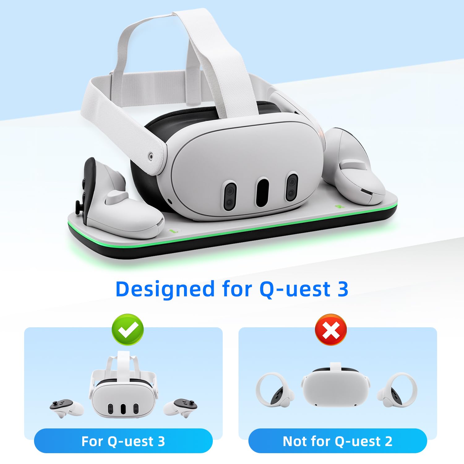 Mcbazel Controller Charging Dock for Q3/3S, VR Charging Station with LED Light for Q3/3S, Charger Display Stand with 2 * 600 mAh Rechargeable Batteries, Type-C Charging Cable - White