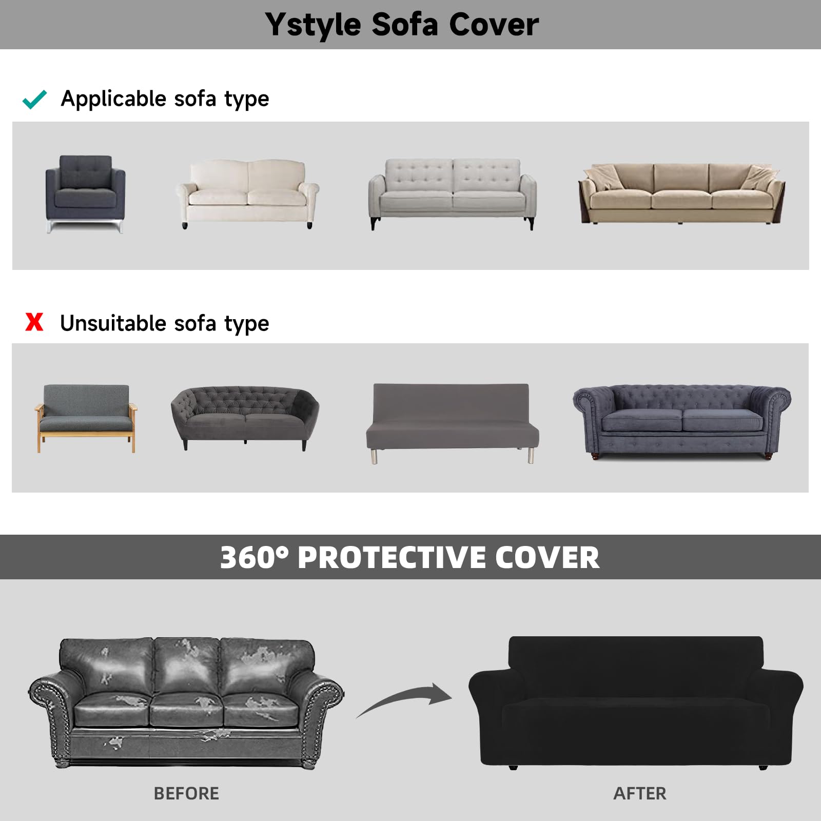 Ystyle Funda Sofa 3 Plazas, Fundas para Sofa Terciopelo, Fundas Sofa Ajustable, Cubre Sofa Elastica, Protector Sofa Gatos Arañazo Y Perros Mascotas, Funda Sofá con Reposabrazos, Negro
