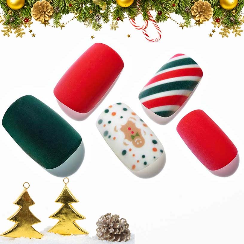 Christmas Press on Nails GLAMERMAID Short Red Green Fake Nails with Design Gingerbread Man Candy Cane Medium Square Glue