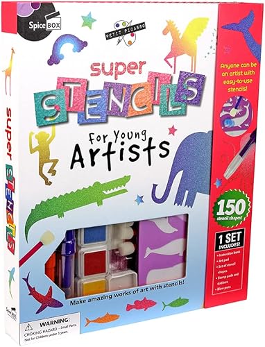 SpiceBox Plantillas de dibujo, kits de arte para niños, juego de actividades divertidas para aprender a dibujar, Petit Picasso Super Stencils para