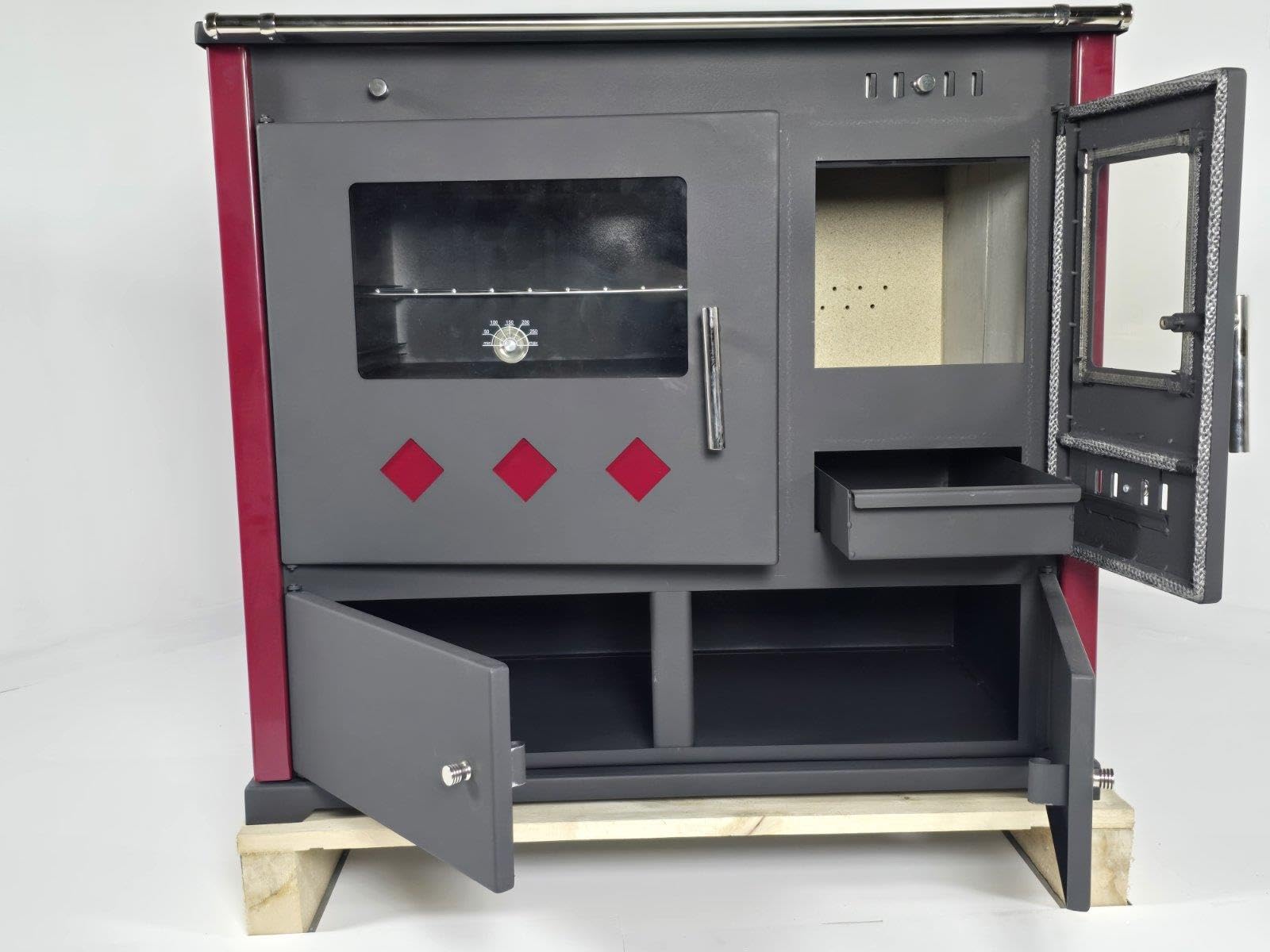 Prometey Praktik LUX, cuisinière à bois avec four et plaque de cuisson en fonte, 9,4 kW, A+, sortie de fumée à gauche Ø 130 mm, Bordeaux