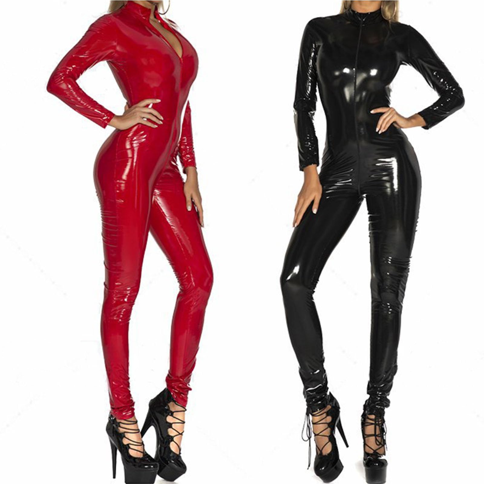 Generico Body Sexy da Donna Body Sexy Tuta in Pelle Cerniera Bodysuit Lingerie Jumpsuit Costumi Cosplay Body in Lattice Lucido Abbigliamento da Discoteca,002,S