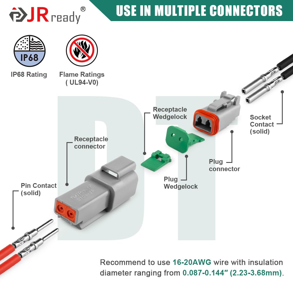 JRready DW1019 Deutsch - Kit de conectores IP68, kit de conector DT impermeable DT 2 3 4 6 8 12 pines con tamaño 16 contactos sólidos calibre de alambre 16-20AWG conector de cable eléctrico